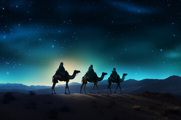 Silhouette of Three wise men riding a camel along the star path. To meet Jesus at first birth. - 668501896