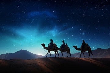Silhouette of Three wise men riding a camel along the star path. To meet Jesus at first birth. - 668501898
