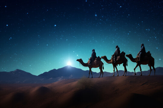 Silhouette of Three wise men riding a camel along the star path. To meet Jesus at first birth.