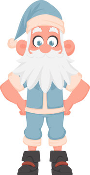 Santa Claus with a big white beard in a blue New Year's suit. Cartoon style