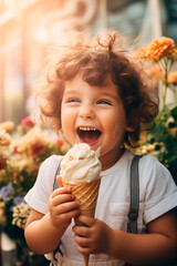 Child eating an ice cream cone. Generative AI,