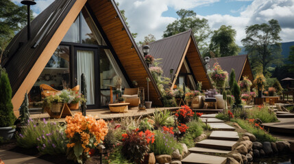 a-frame house in nature, glamping, hotel, recreation center, modern architecture, stylish building, guest house, villa, triangular, pyramidal, glass, garden, wood