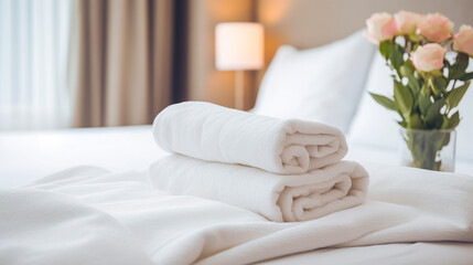 Fototapeta na wymiar Hotel room towels on the bed. Generative AI,