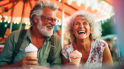 happy gray-haired elderly retired couple laughs, smiles in an amusement park during a festival. Generative AI, - obrazy, fototapety, plakaty