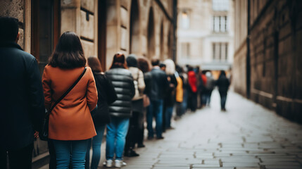 Business people standing in a long queue and waiting  .generative ai