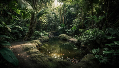 Tranquil scene tropical rainforest, green trees, flowing water generated by AI