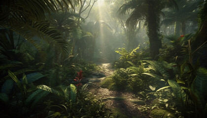 Tranquil scene lush tropical rainforest, mysterious fog, wet footpath generated by AI