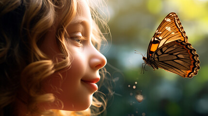 Butterfly and child portrait. Generative AI,