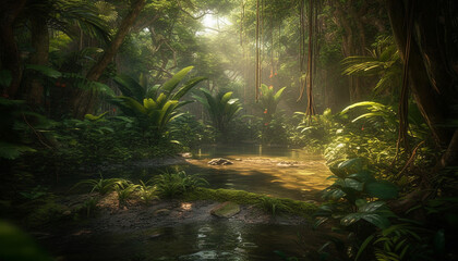 Tranquil rainforest landscape, lush green trees, animals in nature generated by AI