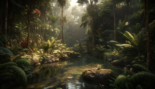 Tranquil scene green forest, water, tropical rainforest, fern, mystery generated by AI © Stockgiu