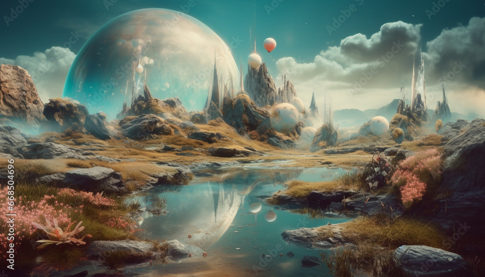 Poster futuristic spaceship orbits mysterious galaxy, exploring nature underwater environment generated by 