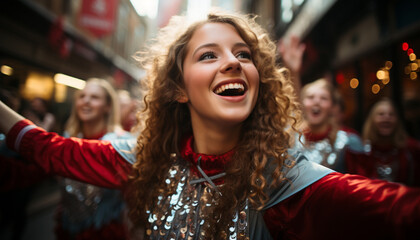Young women enjoying the city nightlife, smiling and laughing together generated by AI