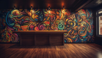 Modern apartment with bright, abstract wallpaper illuminates elegance generated by AI