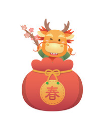 Playful and cute dragon character or mascot with money bag, Chinese mythological animal, vector cartoon character for Chinese New Year, translation: spring