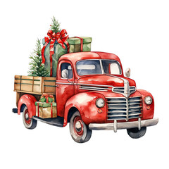 Christmas truck watercolor clipart on transparent background. Generative AI illustration - obrazy, fototapety, plakaty