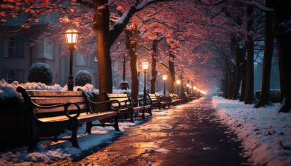 Fototapeta na wymiar Winter night, illuminated lanterns, snow covered tree, tranquil cityscape generated by AI