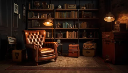 Deurstickers Cozy library with old books, wooden shelves, and antique lamp generated by AI © Stockgiu