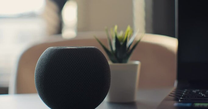 Smart Home Speaker with assistant to play music, static on desk. Concept of a smart home.