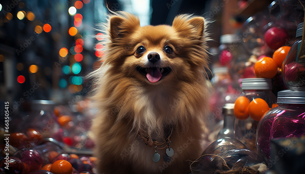 Canvas Prints cute puppy sitting on table, looking at camera, outdoors generated by ai