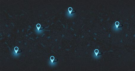Track navigation pins on street maps, navigate mapping technology and locate position pin. Futuristic travel gps map or location navigator vector illustration. Multiple destinations. Gps tracking map.