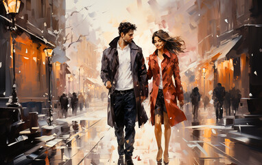 Young couple walking in city holding hands