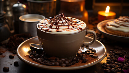 A hot cappuccino on a wooden table, frothy and delicious generated by AI