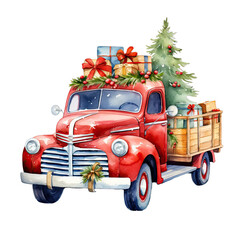 Christmas truck watercolor clipart on transparent background. Generative AI illustration