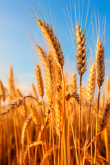 Fototapeta premium Ears of wheat in a wheat field. Generative AI,