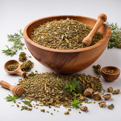 Medical herbal medicine is mixed in a wooden bowl and wooden pestle