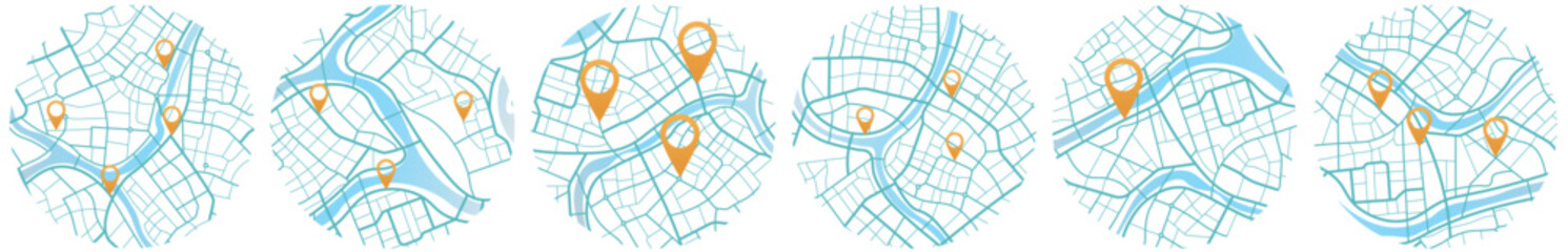 Multiple destinations. Map city with gps pins. Alternative location system. Urban map with pointers. Decorative graphic tourist map City top view. Abstract background, information pointers. Vector - obrazy, fototapety, plakaty
