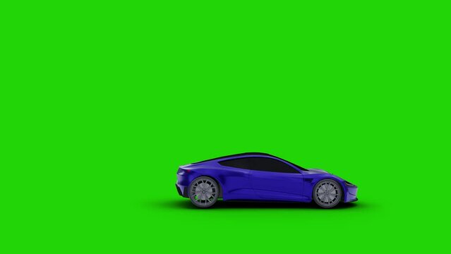 Blue electric рybrid car. moving from right to left isolated on green screen background. 4K UHD 3840x2160 3D professional render high quality.