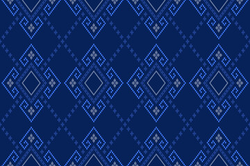 Indigo navy blue geometric traditional ethnic pattern Ikat seamless pattern border abstract design for fabric print cloth dress carpet curtains and sarong Aztec African Indian Indonesian