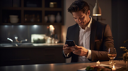 Handsome stylish business man in suit standing in modern kitchen with smartphone in hand