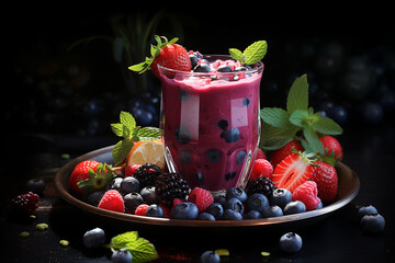Mixed Berry Smoothie with Spinach , photo realistic , still
life photo, overhead shot