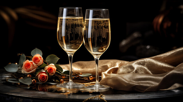 Champagne Glasses ready for a Toast. Festive and Happy New Year images. Ai generative.