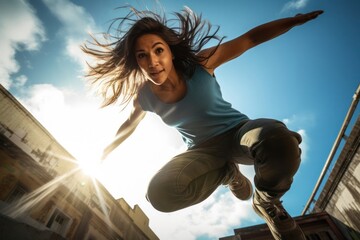 Hispanic Female Parkour Skills Running Background Generative AI