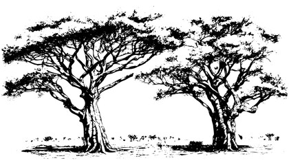 Sketch of African savanna, landscape with trees. Black outline on a white background. Hand drawn illustration converted to vector. safari tree, realistic drawing of acacia - obrazy, fototapety, plakaty