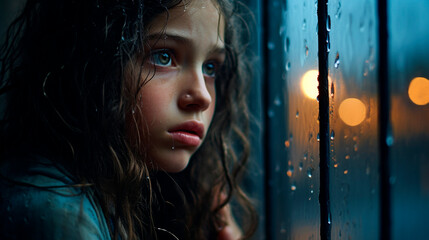 the girl looks out the rainy window. Generative AI,