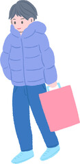 A man wearing winter clothes and carrying shopping bags, cute hand drawn illustration with texture / 冬服を着てショッピングの袋を持った男性、テクスチャのあるかわいい手描きイラスト
