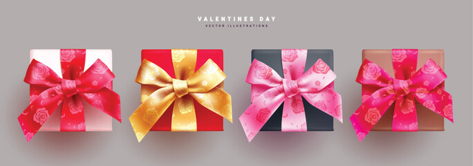 Valentine's day gifts box vector set design. Valentine's gift boxes with ribbon flower pattern for birthday, wedding and christmas decoration elements collection. Vector illustration holiday gift box 