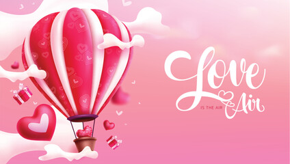 Valentine's love is in the air text vector design. Valentine's day greeting card with hot air balloon floating in the sky for romantic pink background. Vector illustration hearts day invitation card.  - obrazy, fototapety, plakaty