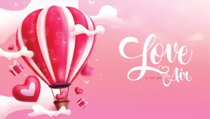 Poster Valentine's love is in the air text vector design. Valentine's day greeting card with hot air balloon floating in the sky for romantic pink background. Vector illustration hearts day invitation card.  © ZeinousGDS