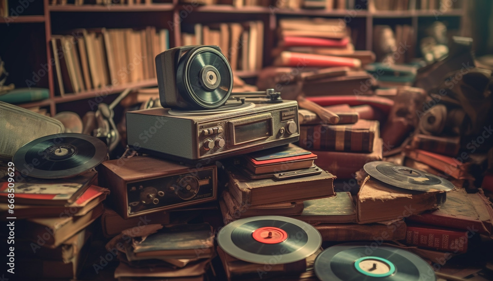 Poster old fashioned stack of obsolete audio equipment on bookshelf indoors generated by ai