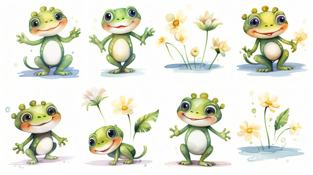 Funny frog watercolor set in different poses on a white background