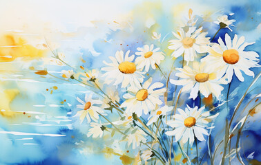 Abstract Harmony: Lovely and Colorful Watercolor Daisies in Sunny Yellow and Sky Blue
