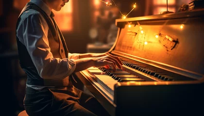 Muurstickers One person playing piano, musician practicing indoors, concentration and skill generated by AI © Stockgiu