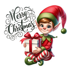 Cheerful Christmas elf in green and red attire holding gift, with elegant Merry Christmas calligraphy above - obrazy, fototapety, plakaty
