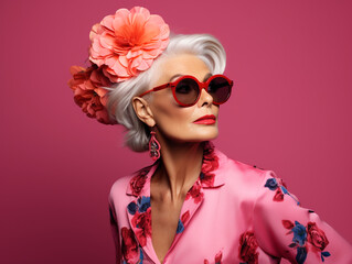 Beautiful elegant older woman with glass, studio portrait