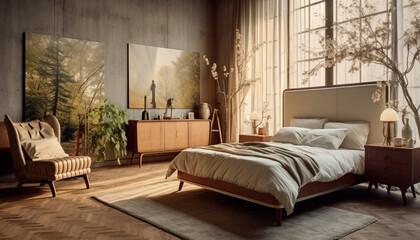 Cozy modern bedroom, comfortable luxury design, illuminated by electric lamp generated by AI