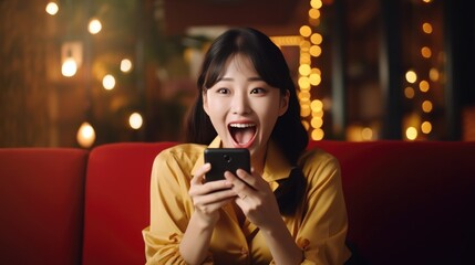 Close up excited young Asian woman reading good news on phone. Surprised lady celebrating on phone.